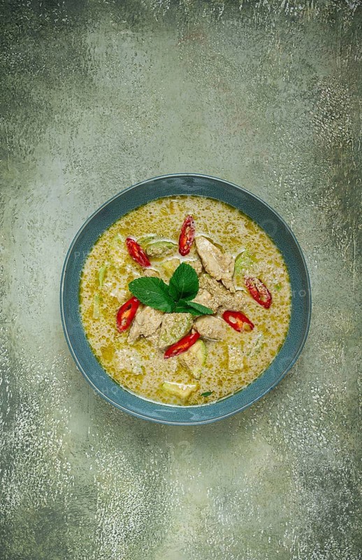 Green curry with chicken, traditional Thai cuisine, Asian food, homemade, no people