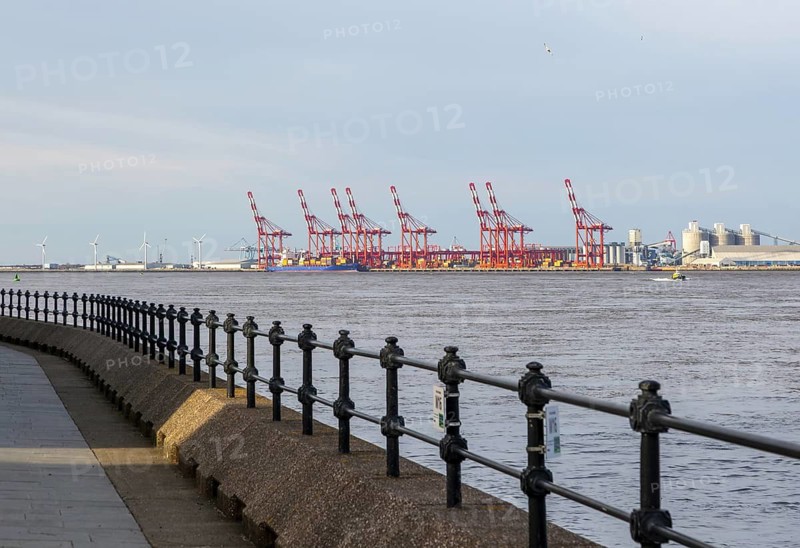 Port Of Liverpool gantry cranes at Seaforth Dock container terminal, Liverpool, Merseyside, England, UK from Wallasey