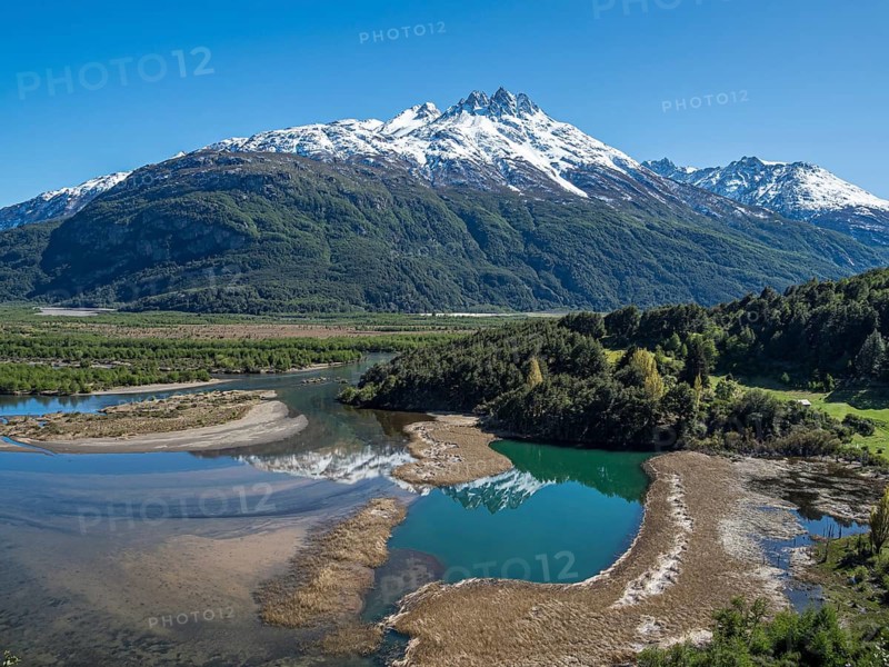 The widely branching arms of river Rio Ibanez, near Villa Cerro Castillo, reflections on the water, early spring, Patagonia, Chile