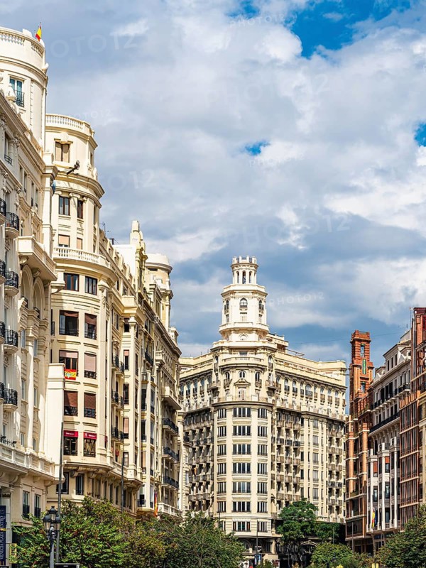 Architecture and buildings over Plaza del Ayuntamiento, Valencia, Spain