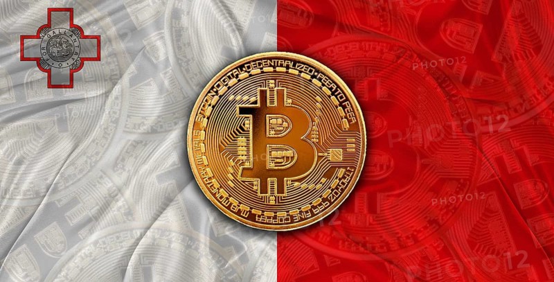 Investors in Blockchain Technology with Malta flag background. Bitcoin cryptocurrency with Maltese flag