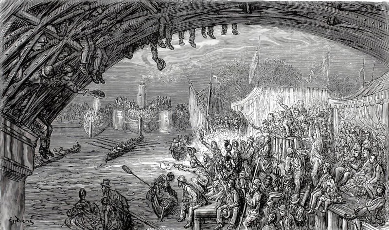 Boat Race, the famous rowing regatta between Oxford and Cambridge universities on the Thames in London, around 1880, England, illustration, reproduction from a 19th-century model. Authentic, file restored for optimal use, exact date of submission unknown, historical