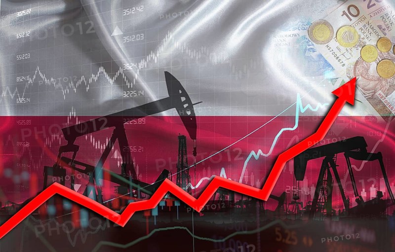 Oil production with Polish flag, petrol industry. Oil pumps with Poland flag