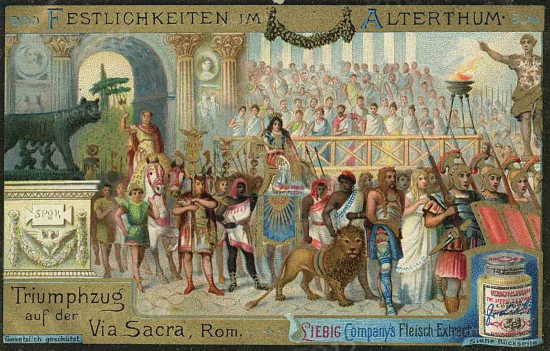 Picture series Festivities in Antiquity, triumphal procession on the Via Sacra in ancient Rome, Liebigbild, digitally restored reproduction of a collector's painting from around 1900, exact date unknown