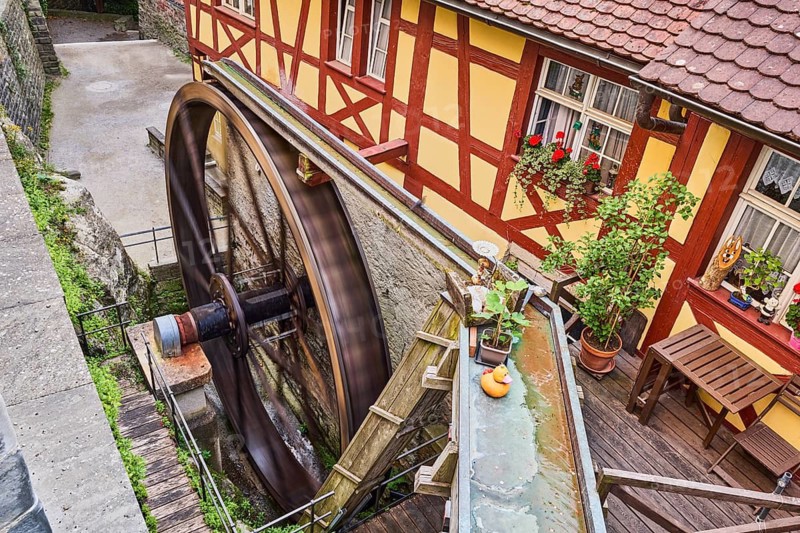 Schlossmühle, watermill, historic water wheel, old town, half-timbered house, motion blur, elevated perspective, diffused light, climbing road, Meersburg, Lake Constance district, Baden-Württemberg, Germany