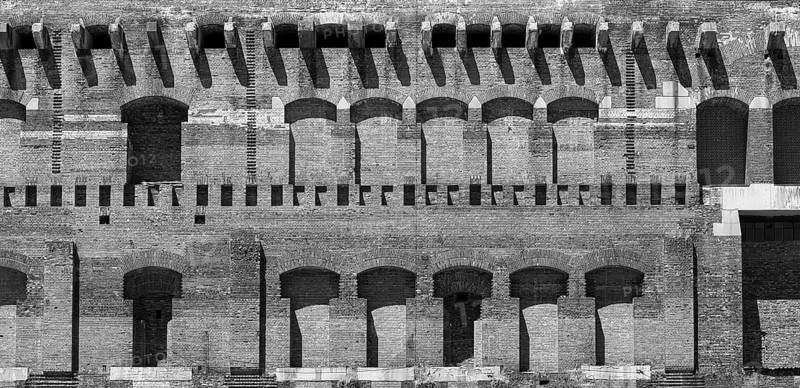 Detailed view of the masonry of the Congress Hall in the courtyard, unfinished National Socialist monumental building on the Reichsparteitag grounds, black and white, Nuremberg, Middle Franconia, Bavaria, Germany