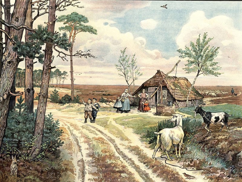 Rural scene in a heathland with a traditional farmhouse, animals and people. Heathland at the turn of the 20th century. At the center is a simple cat covered with thatch or plaggen with a traditional drawing well, school picture, illustration, reproduction of a model from the 19th school picture, mural, authentic, file restored for optimal use, exact date of the original unknown, historical