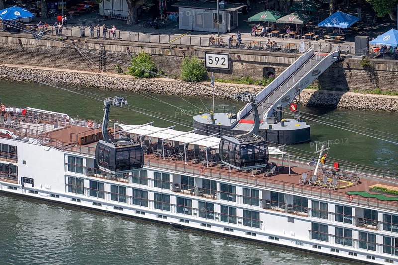 Viking Sigyn cruise ship of the Viking Longships series from Viking River Cruises, river cruise ship docks on Konrad-Adenauer-Ufer, on the Rhine, near Koblenz, cabin cable car, Rhine cable car to Ehrenbreitstein Fortress, Rhineland-Palatinate, Germany
