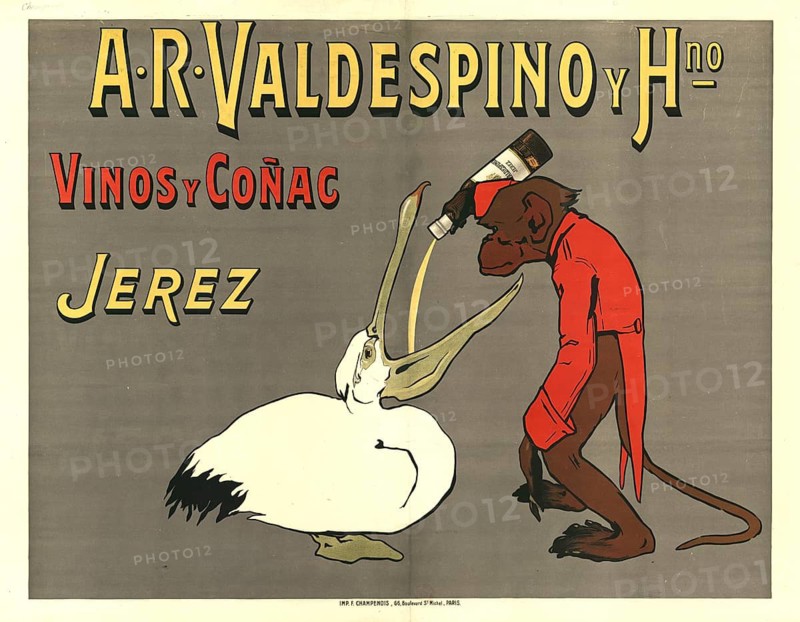 Advertising poster, beverage advertisement, advertising poster for A.R. Valdespino y Hno, one of the oldest sherry and wine producers in Spain, motif depicting a monkey in a red frock coat pouring sherry to a pelican, 1913, authentic reproduction of a historical advertising poster, advertising sign, in high resolution