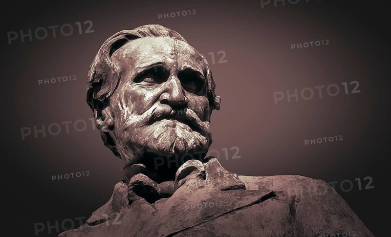 Verdi monument in front of Rocca dei Marchesi Pallavicino, Piazza Giuseppe Verdi, Busseto, Province of Parma, Emilia-Romagna, Italy, Europe, digitally edited