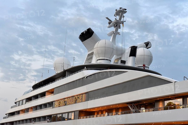 Detailed view of a luxury yacht in the evening mood, modern and elegant design, luxury mega yacht, SCENIC ECLIPSE II cruise ship on the Elbe, Schleswig-Holstein, Germany