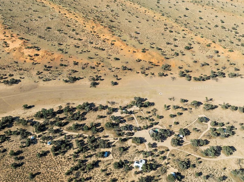 Torgos Lodge, the dry bed of the Auob River and sand dunes grown with camelthorn trees (Vachellia erioloba). During the rains with green vegetation. Aerial view. Drone shot. Kalahari Desert, Namibia