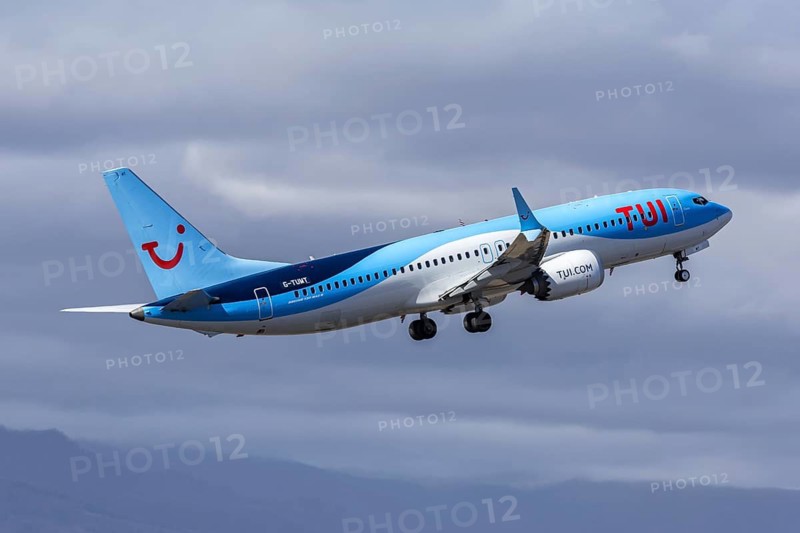 A TUI Boeing 737 MAX 8 aircraft with the license plate G-TUMT at Tenerife Airport, Spain