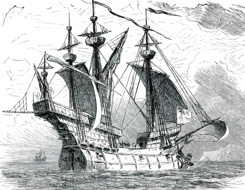 Mary Rose, a famous battleship of the English Tudor Navy under King Henry VIII, the ship was a carrack and served in several wars for 33 years in front of sinking in 1545, authentic, high-resolution reproduction of a 19th-century original, exact date of depiction unknown, historical