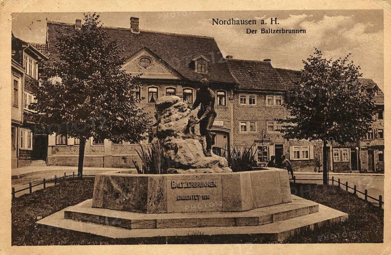 Picture shows the historic Baltzerbrunnen on the Hagen in Nordhausen am Harz, Thuringia, Germany, authentic reproduction of an old postcard, around 1910, historical, exact date unknown