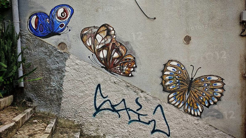 Three colorful, colorful butterflies as wall art, graffiti on dirty house wall, Lisbon, Portugal