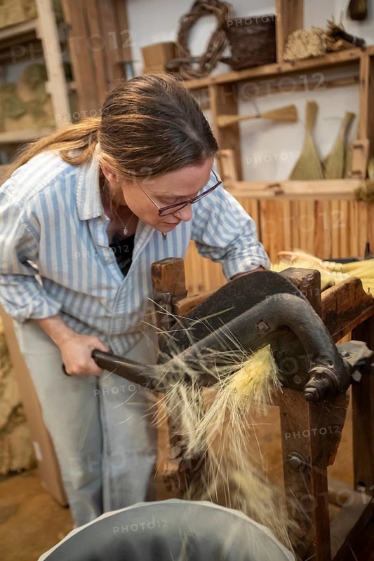 Berea, Kentucky - Cynthia Main makes traditional Appalachian brooms and whiskbrooms by hand at Sunhouse Craft. They use broomcorn, a type of sorghum, and distribute their products through wholesalers and direct to consumers. Cynthia Main is the founder of Sunhouse Craft
