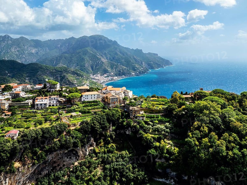 View of Ravello from a drone, Amalfi Coast, Tyrrhenian Sea, Salerno, Campania, Italy