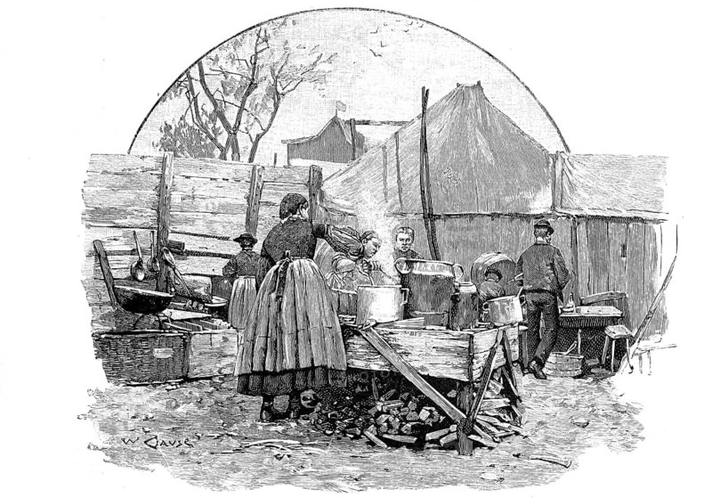 The dumpling kitchen at a market in Tyrol, 1890, Austria, illustration, reproduction from a model from the 19th century. Authentic, file restored for optimal use, exact date of submission unknown, Historical, a family cooks in a makeshift camp using tents and wood to prepare everyday meals