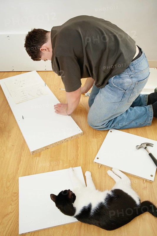 A man is seen assembling new white furniture on a wooden floor, with a black and white cat playfully lying nearby. The image captures the man and the cat in a cozy indoor setting