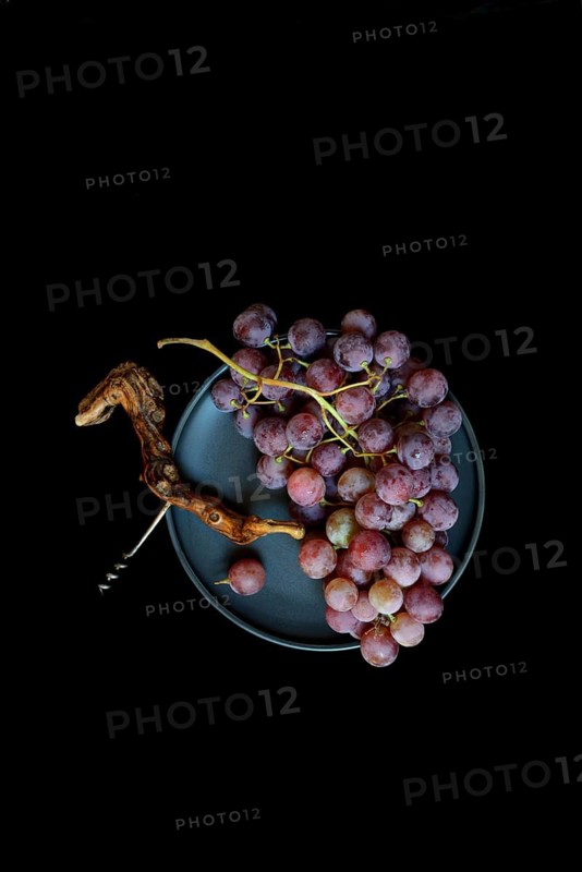 Red grape vine (Vitis vinifera) with corkscrew against a dark background