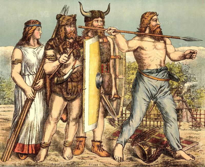Picture shows various Germanic tribes such as Suebi, Frisians and Cheruscians. Suebe, on the left, the warrior in bearskin with a battle axe and a bugle on his belt. Friese, in the middle of the warriors with the typical braided hair knot, suebun knot, a large wooden shield and a helmet with cow horns. Cherusker, techts the barefoot, muscular warrior in pants who is just about to throw a spear, ger, school picture, illustration, reproduction from a model from the 19th century. School picture, mural, authentic, file restored for optimal use, exact date of original unknown, historical