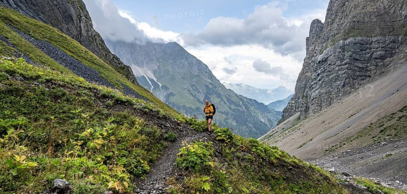 Hiker on the Carnic High Trail, Carnic Alps, Carnic Alps main ridge, Austria