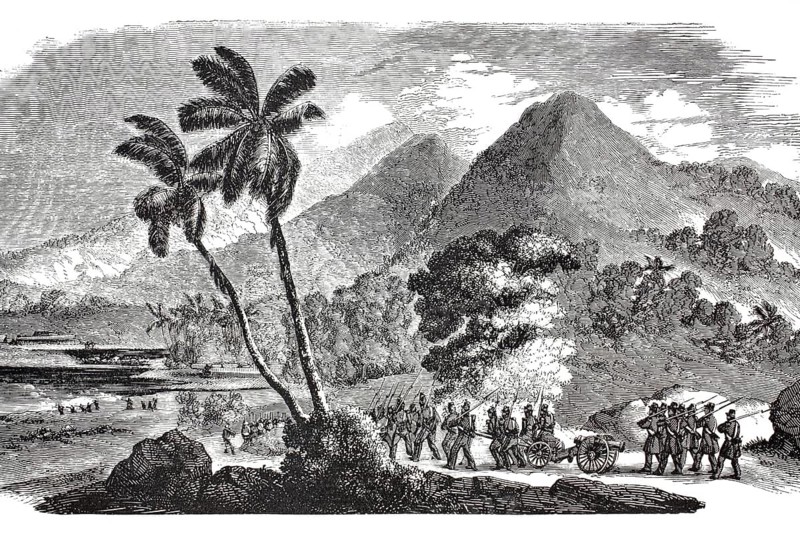 French troops marching in Punaauia during the Franco-Tahitian War (1844–1847) on the island of Tahiti. In the foreground, a colonial infantry and artillery unit marches along the tropical coastline. In the background rises the striking, mountainous landscape of the Punaauia valley, illustration, reproduction of a 19th-century original. Authentic, file restored for optimal use, exact date of the original unknown, historical