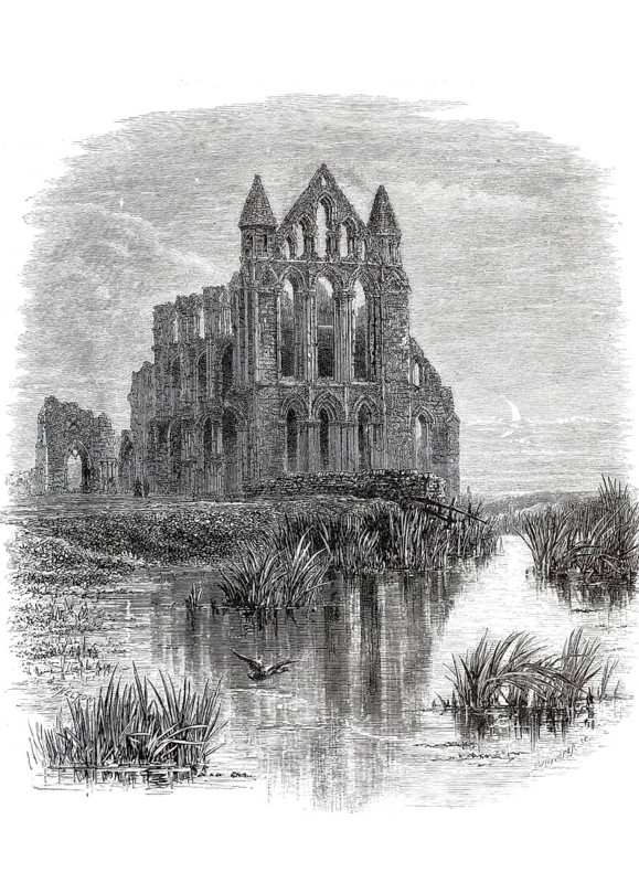 Whitby Abbey, a former Benedictine monastery in Whitby, a historic port town on the North Sea coast of the county of Yorkshire in England, illustration, reproduction from a 19th-century model. Authentic, file restored for optimal use, exact date of submission unknown, historical