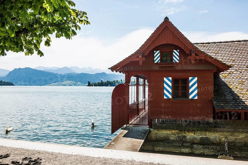 Waterfront and historic boathouse, Lucerne, Lake Lucerne, Canton of Lucerne, Switzerland