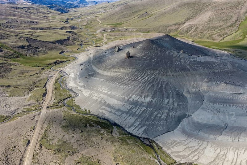 Mt. Cerro Boleadoras, volcano-shaped rock formation, ruta 41, Los Antiguos - Paso Roballo, aerial view, Argentina
