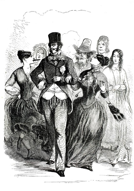 The scene depicts a group of elegantly dressed ladies and gentlemen of Parisian high society amidst the lively hustle and bustle of the era, a 19th-century historical French wood engraving, produced from an original drawing by the artist Henry Valentin (1820–1855), an authentic, high-resolution reproduction of a 19th-century original, exact date of the depiction unknown, historical