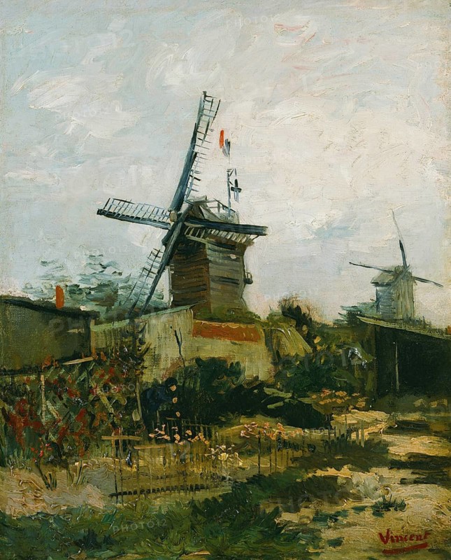 Windmills on Montmartre (1886), painting by Vincent Willem van Gogh (born 30 March 1853 in Groot-Zundert, died 29 July 1890 in Auvers-sur-Oise), Dutch painter and draughtsman, one of the founders of modern painting. When Van Gogh moved to Paris in 1886, Montmartre was still a semi-rural area with allotments and farms, which he captured in his paintings, illustration, reproduction from a painting. Authentic, exact date of the original unknown, Historical