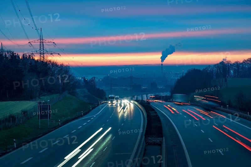 View from a bridge onto the A8 motorway near Augsburg at sunset, Augsburg, Bavaria, Germany