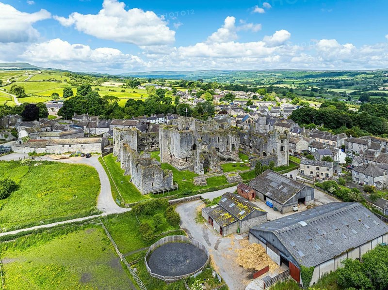 Middleham Castle from a drone, Middleham, Wensleydale, North Yorkshire, England, United Kingdom
