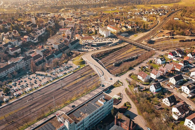 Overview of urban residential area with extensive rail network and bridges, Mühlacker, Enzkreis, Germany