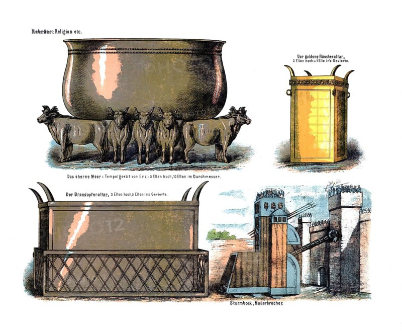 Biblical cult objects from Hebrew history, including The Iron Sea and the Golden Incense Altar. In addition to religious objects, depictions of siege weapons such as a wall breaker are also included, historical school painting or wall painting from around 1900, high-quality reproduction