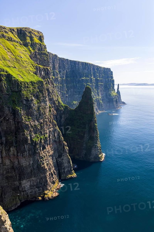 View of the steep cliffs of Liraberg, Skopun, Sandoy Island, Faroe Islands, Denmark