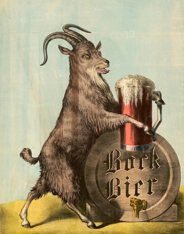 Advertising poster, beverage advertisement, advertising poster for bock beer from around 1880 to 1900. The illustration shows an anthropomorphic goat standing on its hind legs and leaning on a beer keg. The goat holds a large jug of bock beer in its front hooves, authentic reproduction of a historical advertising poster, advertising sign, in high resolution