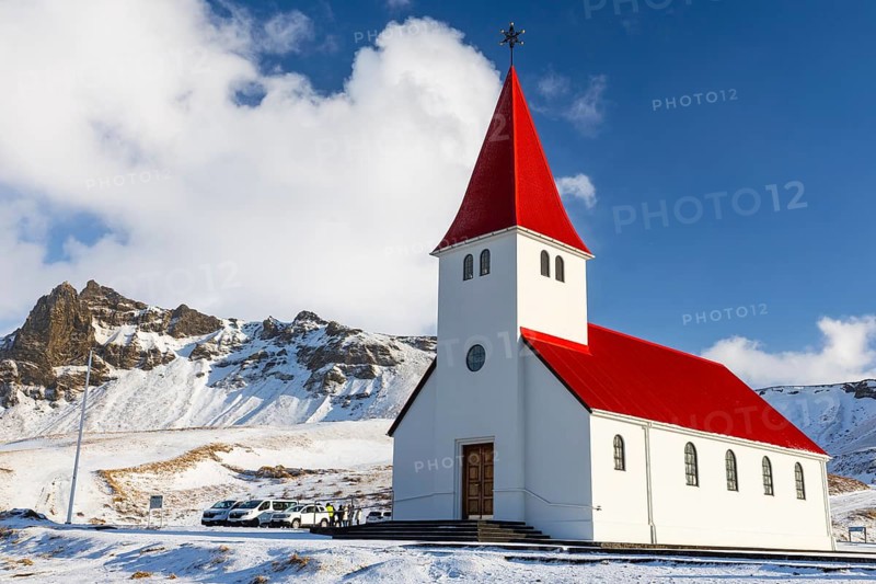 Víkurkirkja, Vík í Mýrdal church, snow, winter, Vik, Iceland, Scandinavia