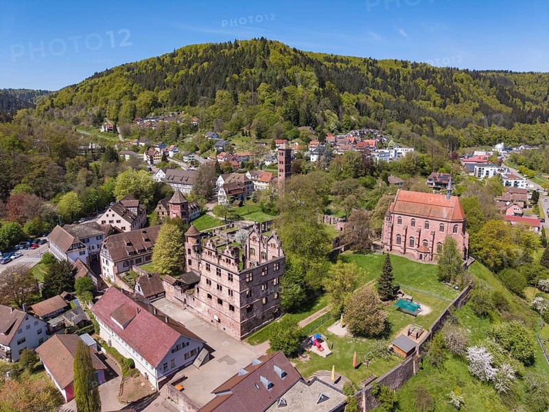 Aerial view of the Hirsau monastery ruins, a former important Benedictine abbey in the Nagold Valley in the northern Black Forest, Hirsau, Calw, Black Forest, Germany
