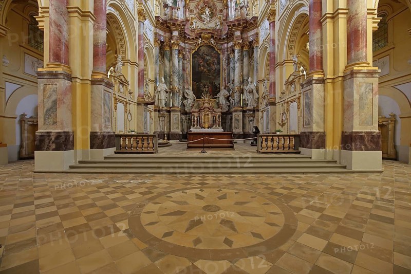 Choir of the Baroque monastery church, floor mosaic, handicrafts, interior view, former Cistercian abbey, monastery, Ebrach, Steigerwald, Lower Franconia, Bavaria, Germany