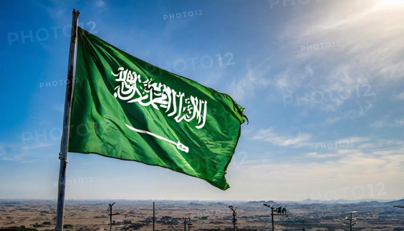 Flag, the national flag of Saudi Arabia flutters in the wind