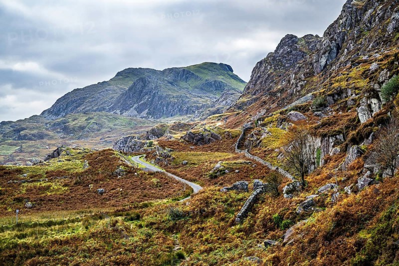 Autumn colors over Mountains and Llyn Cwmorthin Lake, Cwmorthin Terrace, North Wales, UK