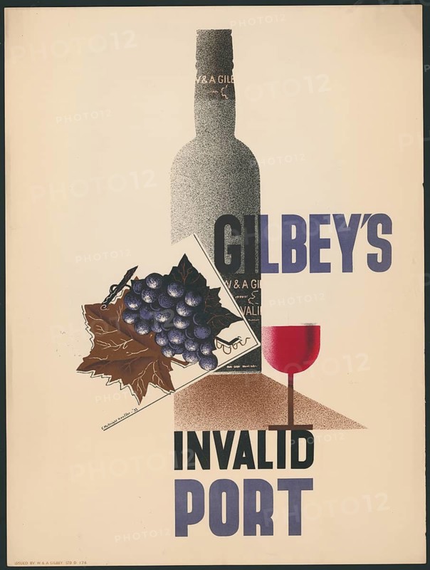 Advertising poster, beverage advertisement, advertising poster for Gilbey's Invalid Port wine from 1933. The motif shows a wine bottle with grapes and a glass, designed in art deco style, authentic reproduction of a historical advertising poster, advertising sign, in high resolution