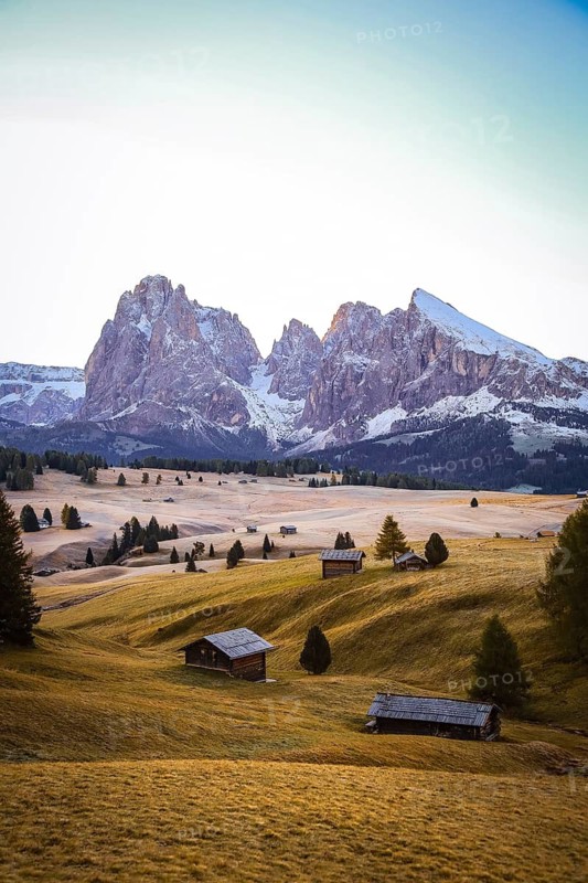 Wide meadows in front of impressive mountain peaks under clear skies, view over the autumnal Seiser Alm on Langkofel and Plattkofel, alpine huts, Dolomites, South Tyrol, Italy