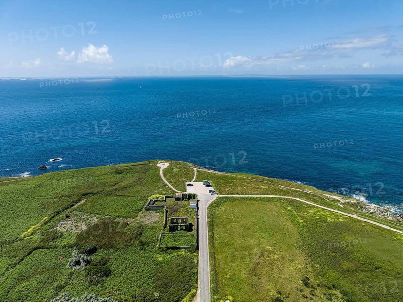 Aerial view of Pointe Corsen, a cape at the westernmost point of continental France on the Breton coast, Commune Plouarzel, Finistère department, Brittany, France