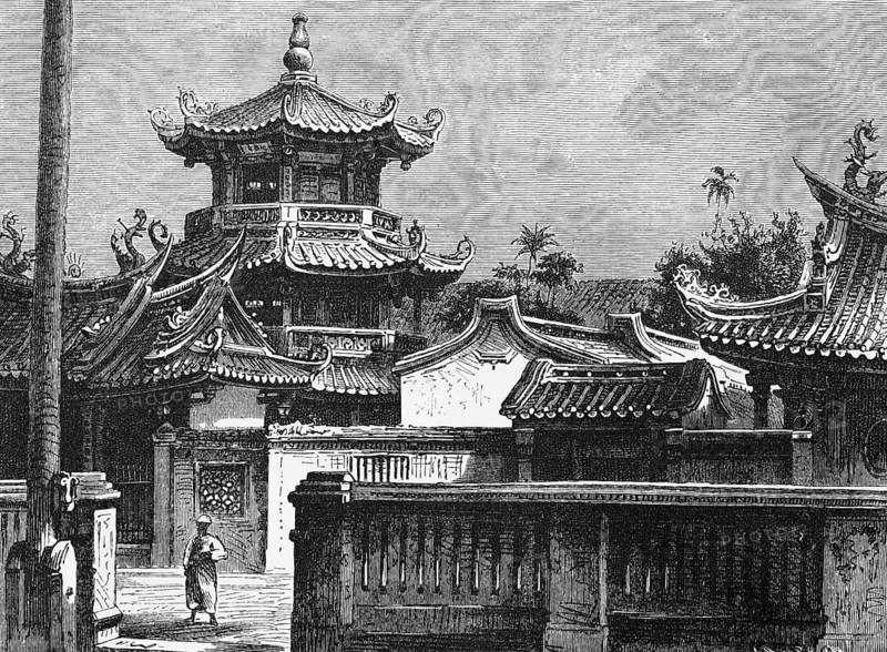 Tor tor of a Chinese temple complex, ornamentation, protruding roof, animal figures, dragons, travelling in Asia, China, historical illustration 1887