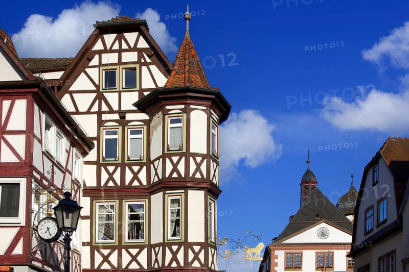 Lohr am Main, architecture, blue sky, building, houses, old town hall, Main-Spessart, montage, (M), Lohr am Main, Bavaria, Federal Republic of Germany