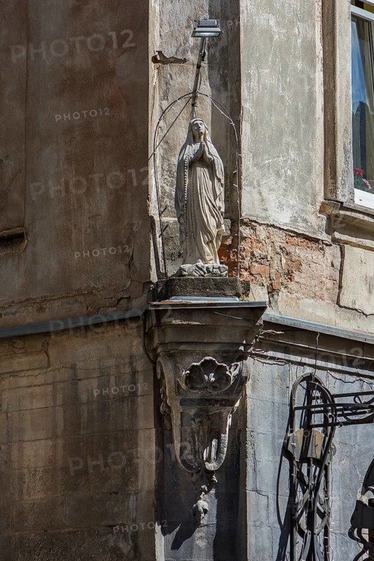Statue of Mary at a corner house, Lviv, Ukraine